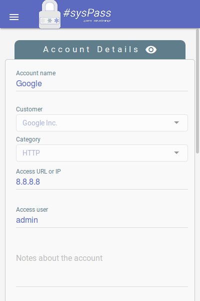 sysPass account view on a mobile device